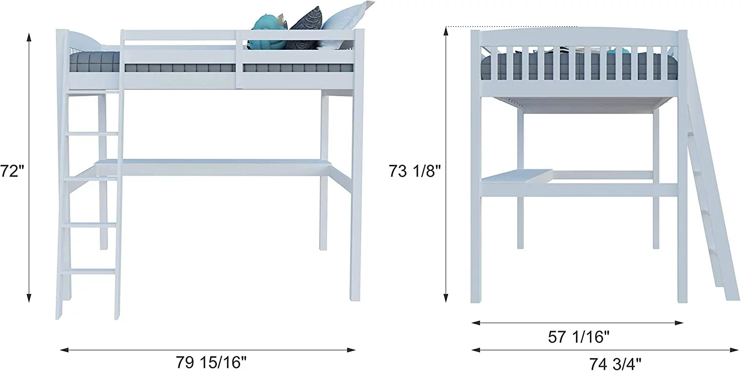 Yes4Wood Everest Solid Wood White Twin Size Loft Bed Frame with Desk & Stairs for Kids and Toddlers