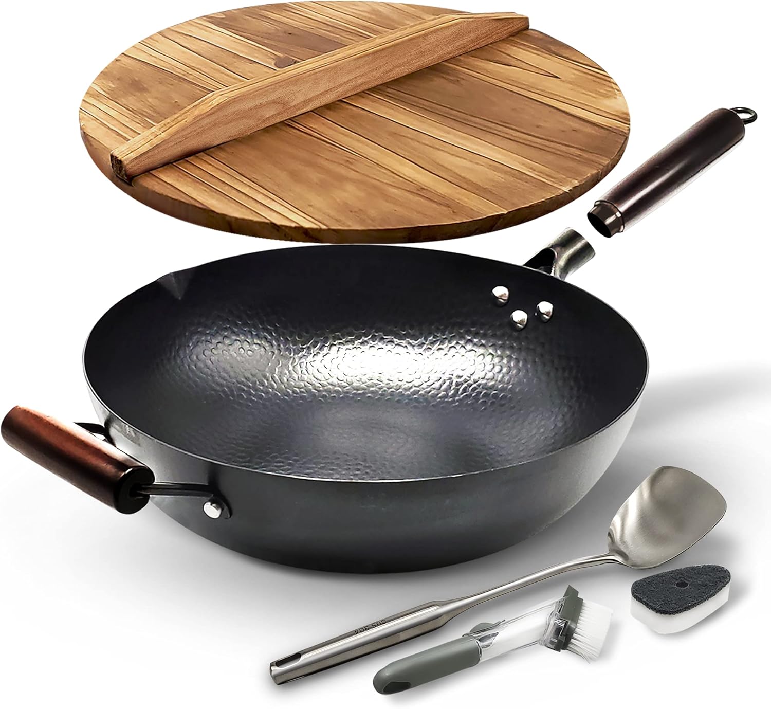 HOME EC Carbon Steel Wok Pan With Lid, Stir Fry Wok Set, Steel Spatula, and Cleaning Brush