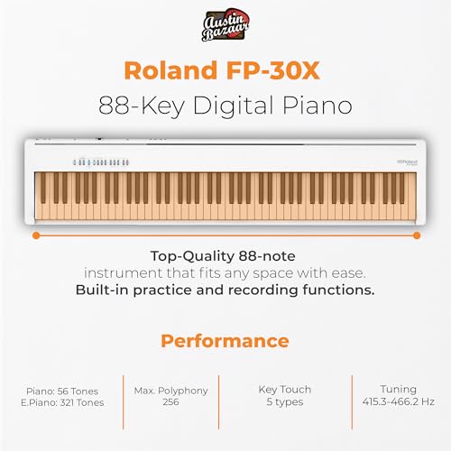 Roland FP-30X 88-Key Digital Piano - Black Bundle with Adjustable Stand, Bench, Sustain Pedal, Online Piano Lessons, Instructional DVD