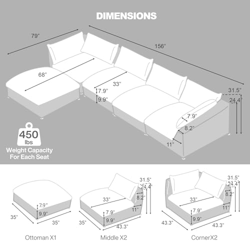 Oversized Sectional Sofa Couch, 163'' Cloud Modular Couch with Ottoman
