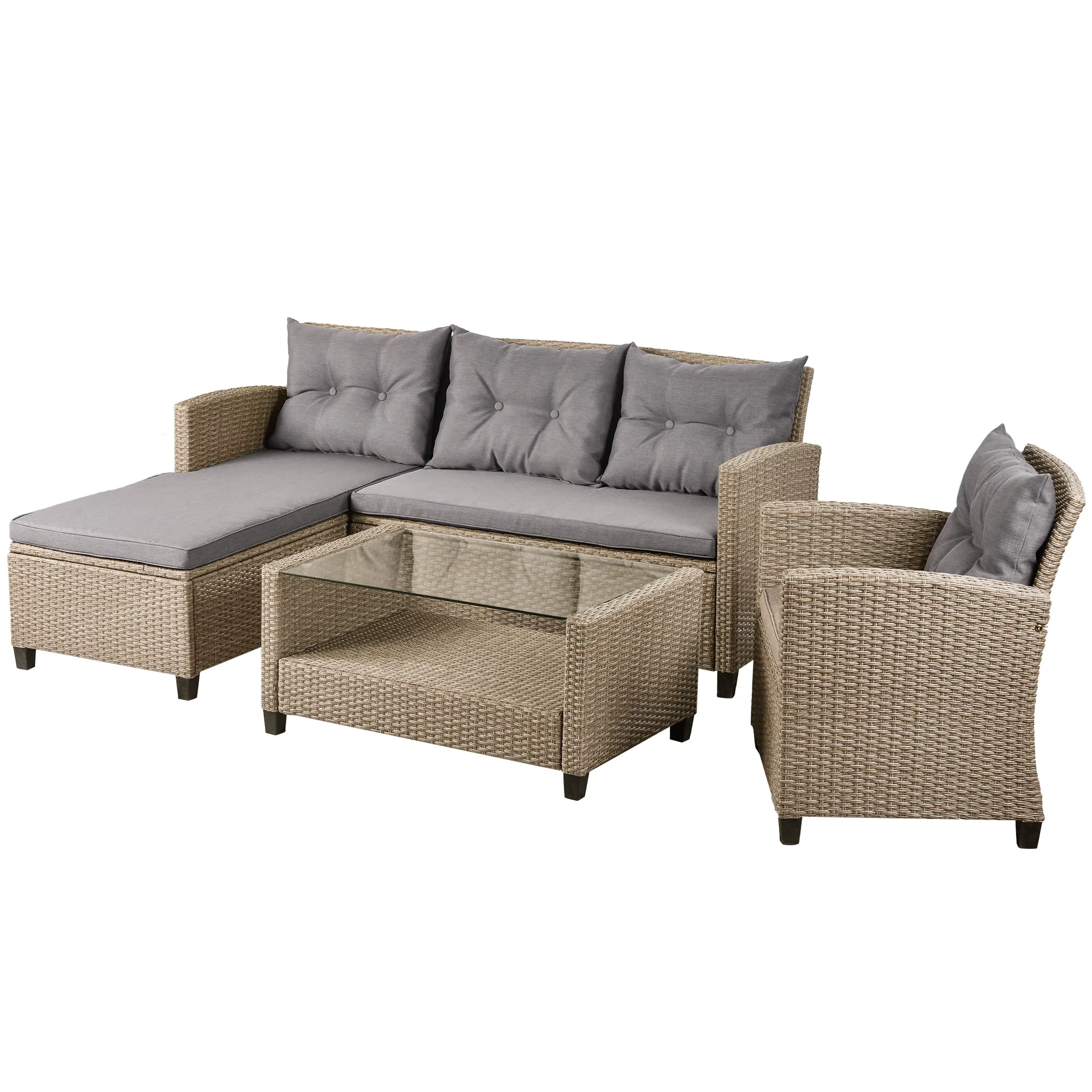 4 Piece Patio Sectional Sofa Set, Outdoor Conversation Set, All-Weather Wicker Sectional Seating Group with Cushions & Coffee Table
