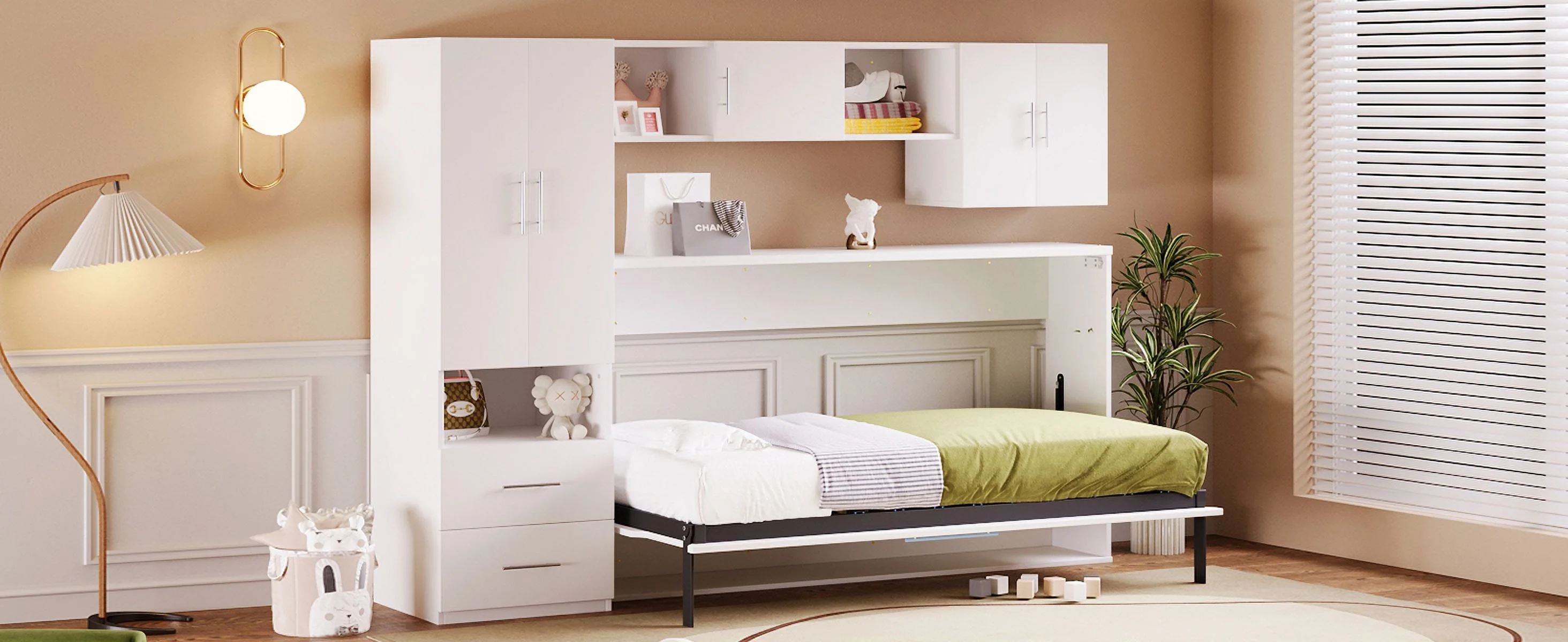 CoSoTower Twin Size Murphy Bed with Open Shelves and Storage Drawers,Built-In Wardrobe and Table, White