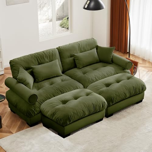 130" Modular Sectional Sofa,Velvet Upholstered Couches for Living Room,3 Seater Green Sofa Couch with Movable Ottoman