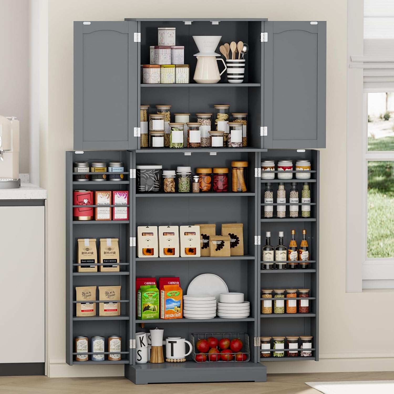 HOME BI 64" Kitchen Pantry Cabinet, Tall Freestanding Pantry Storage Cabinet, Food Pantry Cabinets with Doors and Shelves for Home Kitchen