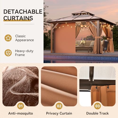 Aoxun 12'x16' Hardtop Gazebo, Aluminum Frame Permanent Pavilion with Netting and Curtains, Outdoor Polycarbonate Double Roof Canopy