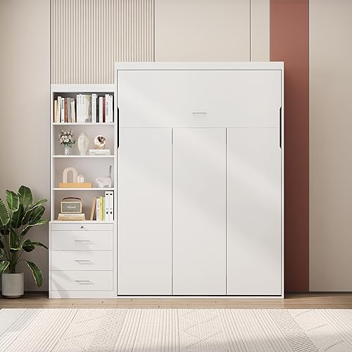 Queen Size Murphy Bed Wall Cabinet with 2 Wardrobe and Storage Shelf, Wooden Murphy Cube Wall Bed