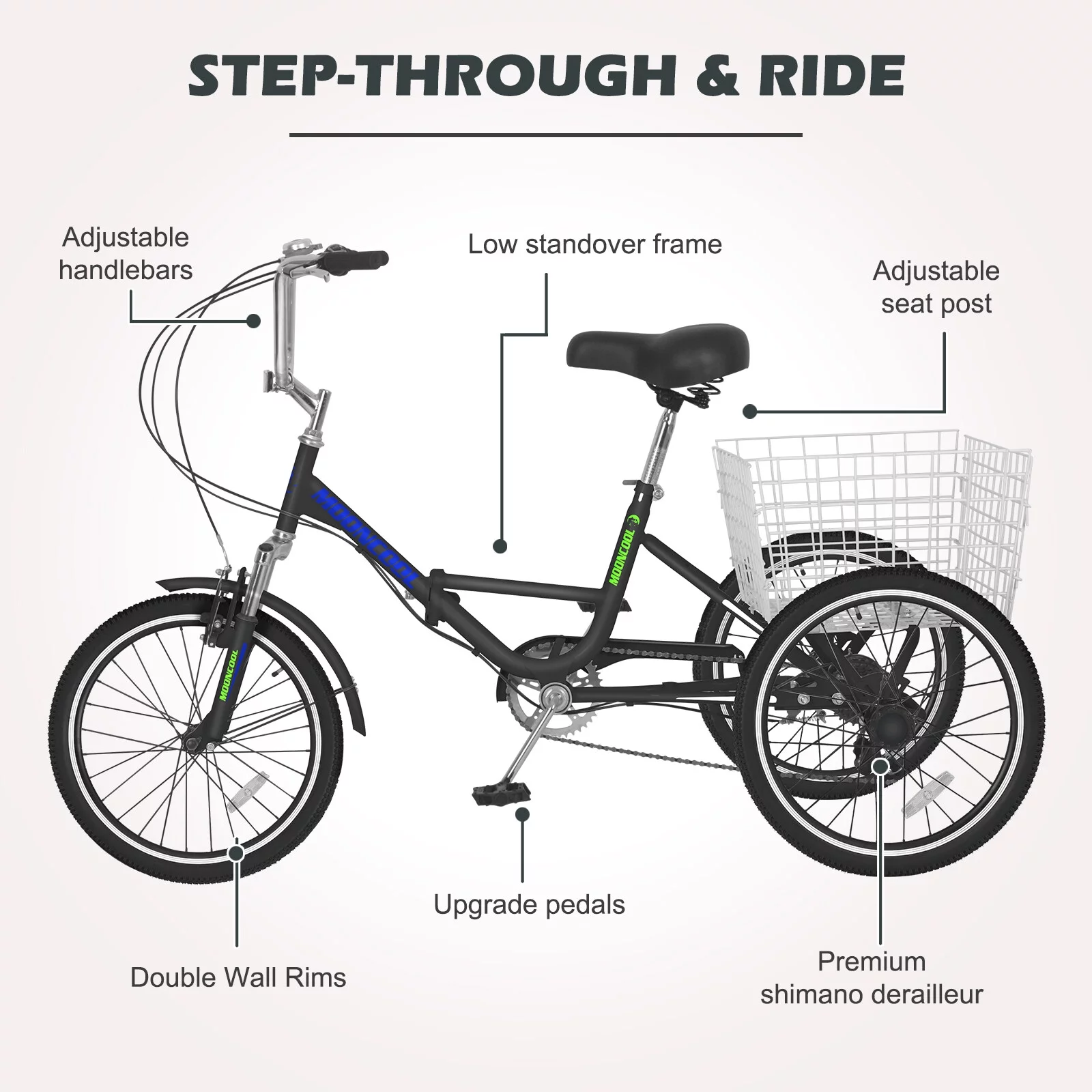Adult Folding Tricycles Folding Bikes, 7 Speed 24Inch 3 Wheel Adult Trikes Cruiser Bike with Large Basket, Foldable Tricycle for Adults, Women, Men
