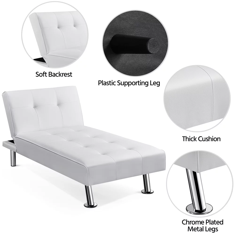 Easyfashion Convertible Faux Leather Futon Chaise Lounge, White