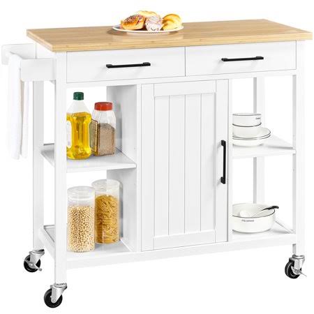 Smilemart Rolling Kitchen Storage Trolley Cart with Cabinet, Drawers and Towel Bar, White, Size: 42.5x18x36” (LxWxH)