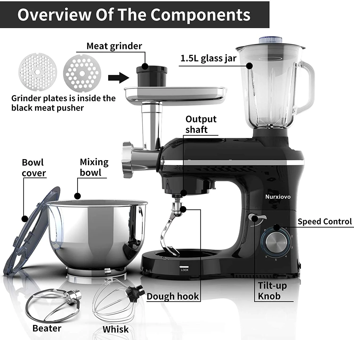 Nurxiovo Stand Mixer 850W 6 Speed Tilt-Head Kitchen Mixer with 6.5QT Mixer with Stainless Steel Bowl, Dough Hook Whisk Beater