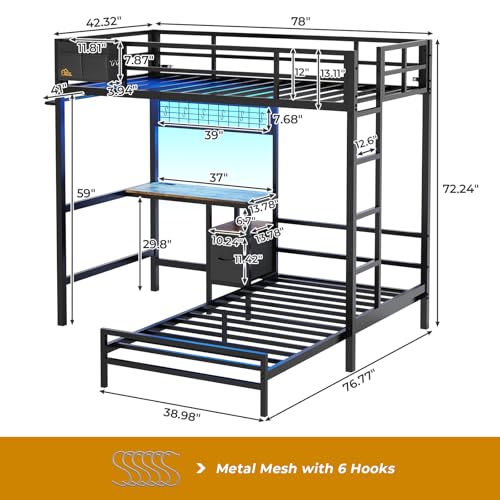 DICTAC Twin Over Twin Size Bunk Bed with Desk and Charging Station Metal Loft Bed with Led Lights & Storage Shelves and Drawers L-Shaped Bunk Bed for