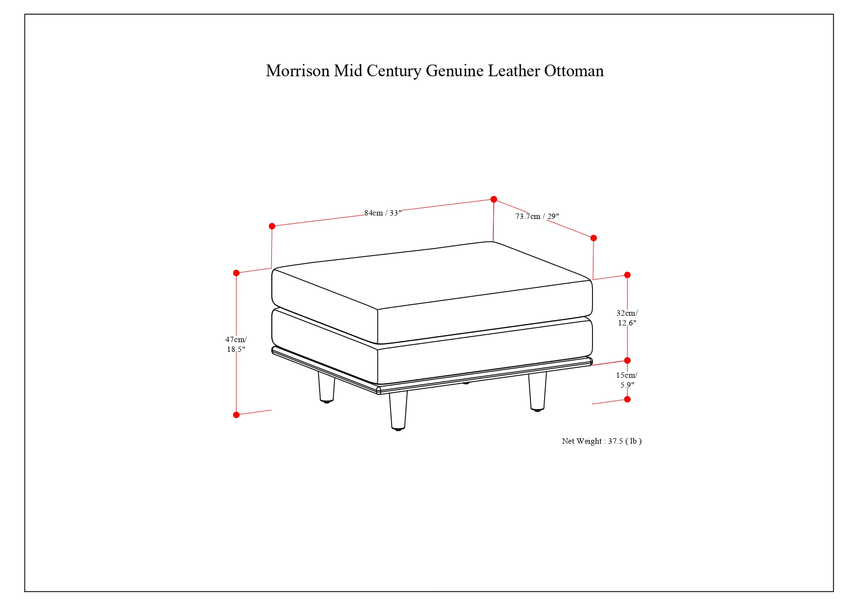 Simpli Home Morrison 33 inch Wide Mid-Century Modern Mid Century Genuine Leather Ottoman in Sienna Genuine Leather