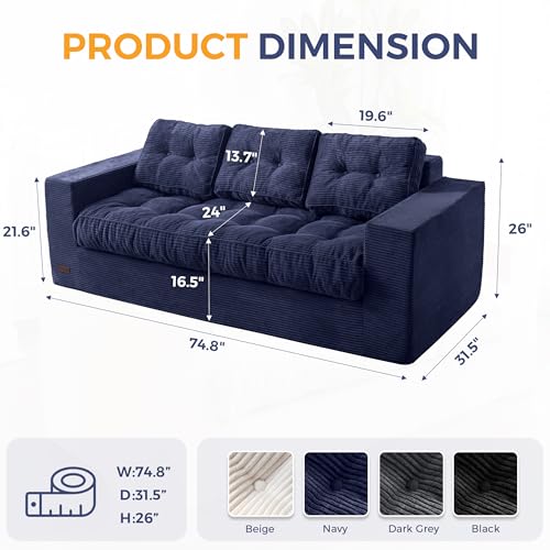 MAXYOYO 3 Seater Couch for Living Room, Boneless Couch with Tufted Cushion & Backrest, Upholstered Floor Sofa with Armrests, Sofa in A Box