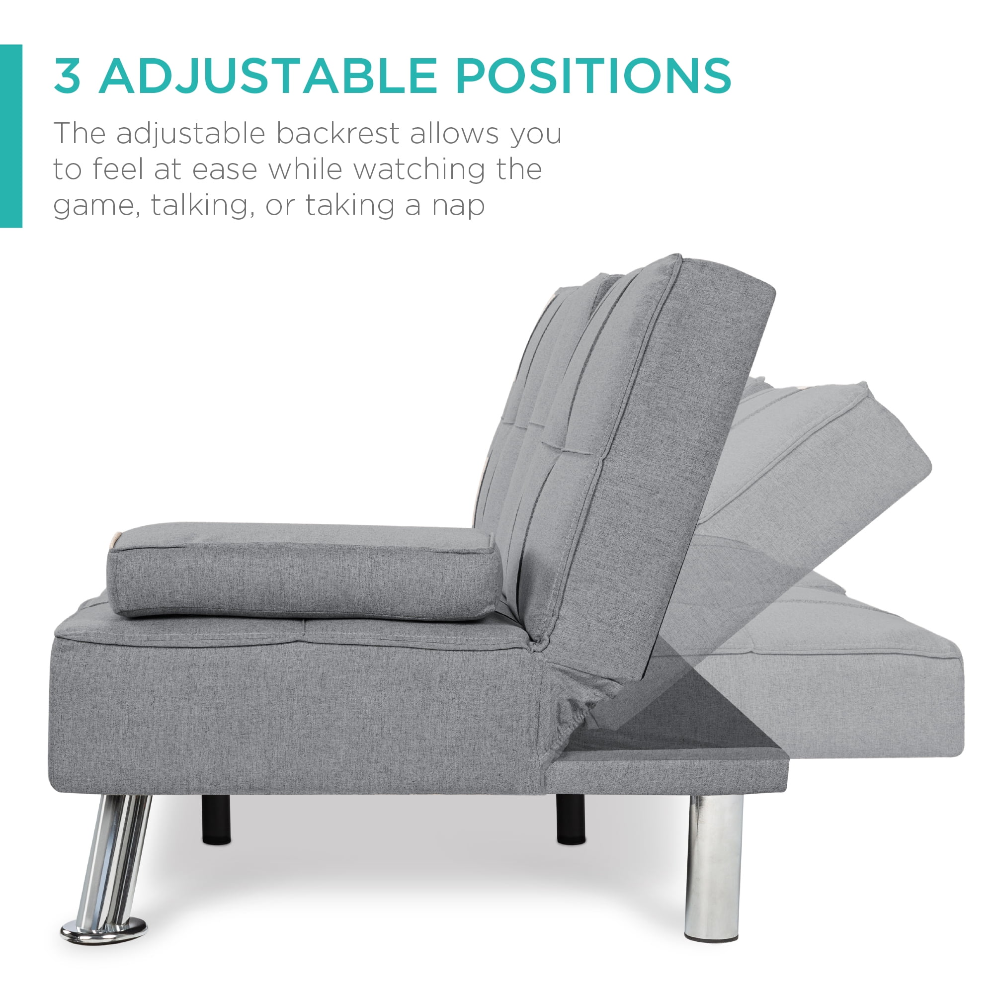 Best Choice Products Modern Linen Convertible Futon Sofa Bed w/ Removable Armrests, Metal Legs, Cupholders - Gray