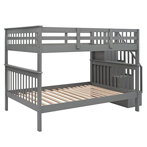 Ball & Cast Full Over Full Bunk Bed with Twin Size Trundle and Built in 4 Drawer,Wood Bunkbed w/Storage Ladder & Slat Support