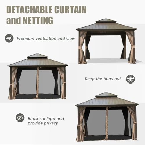 Domi 10’ x 10’ Hardtop Gazebo Metal Frame Canopy with Netting & Curtains