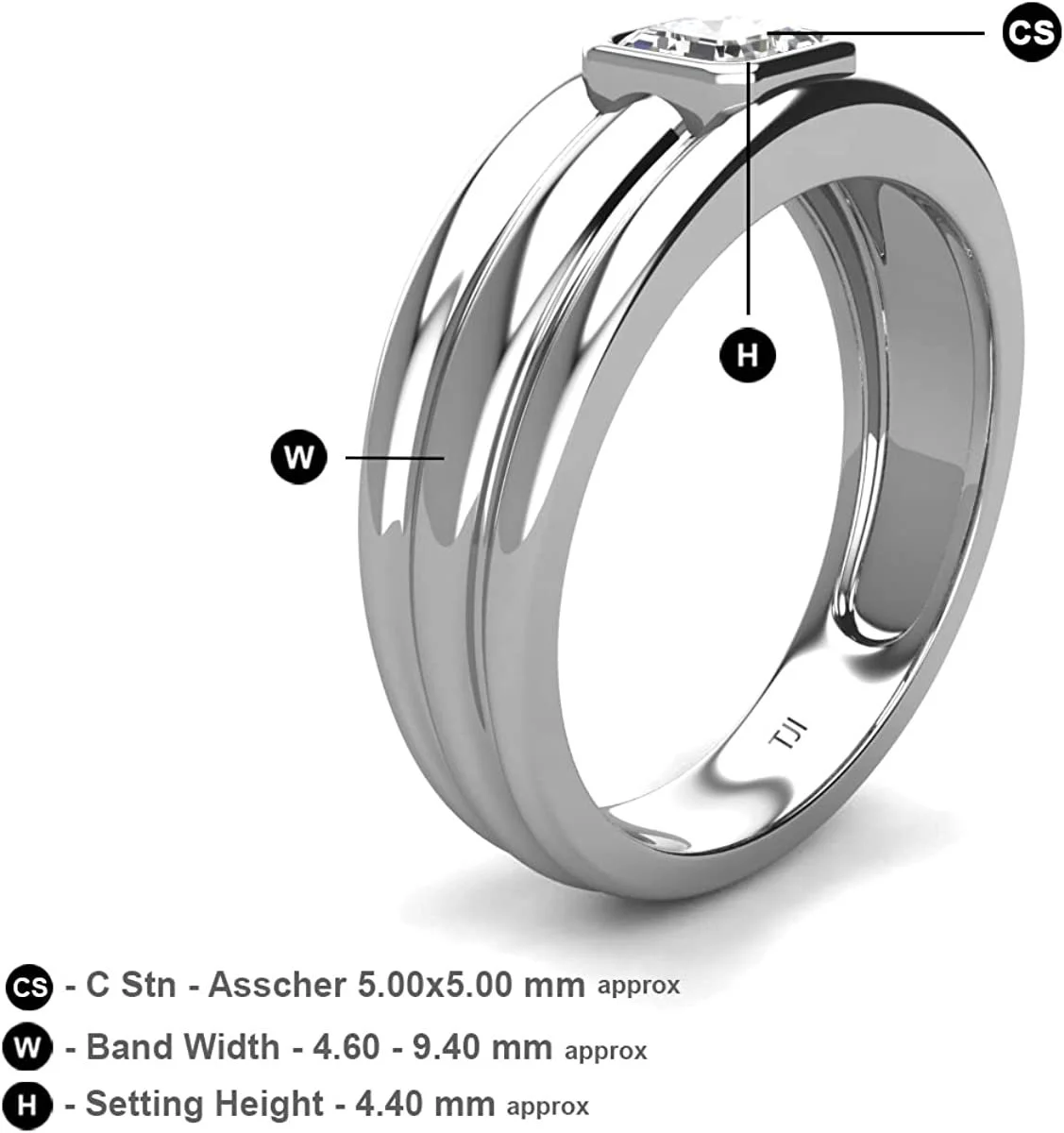 Asscher GIA Certified Natural Diamond 3/4 ctw High Polished Solitaire Men Wedding Band 14K White Gold-11.0