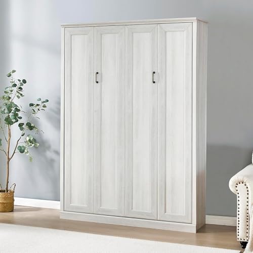 MERITLINE Queen Size Murphy Bed with Storage Bookcase Shelves,Cabinet and Charging Station,Wood Folding White Murphy Wall Bed