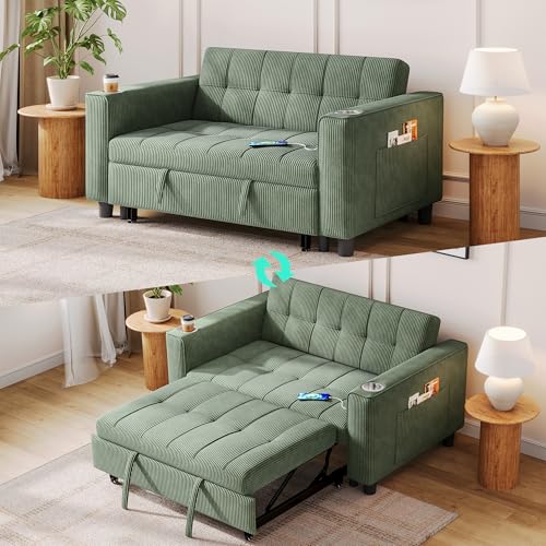 LINSY 3-in-1 Convertible Sofa Bed, 54" Pull Out Sleeper Sofa with Charging Station & Cup Holder