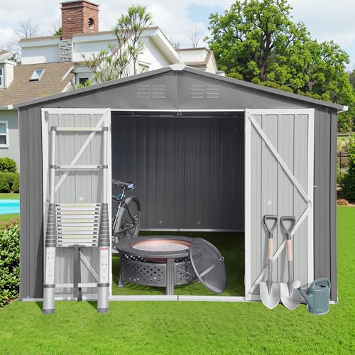 8x6 FT Outdoor Storage Shed, Metal Tool Shed with Lockable Doors, Peaked Roof & Frame Floor