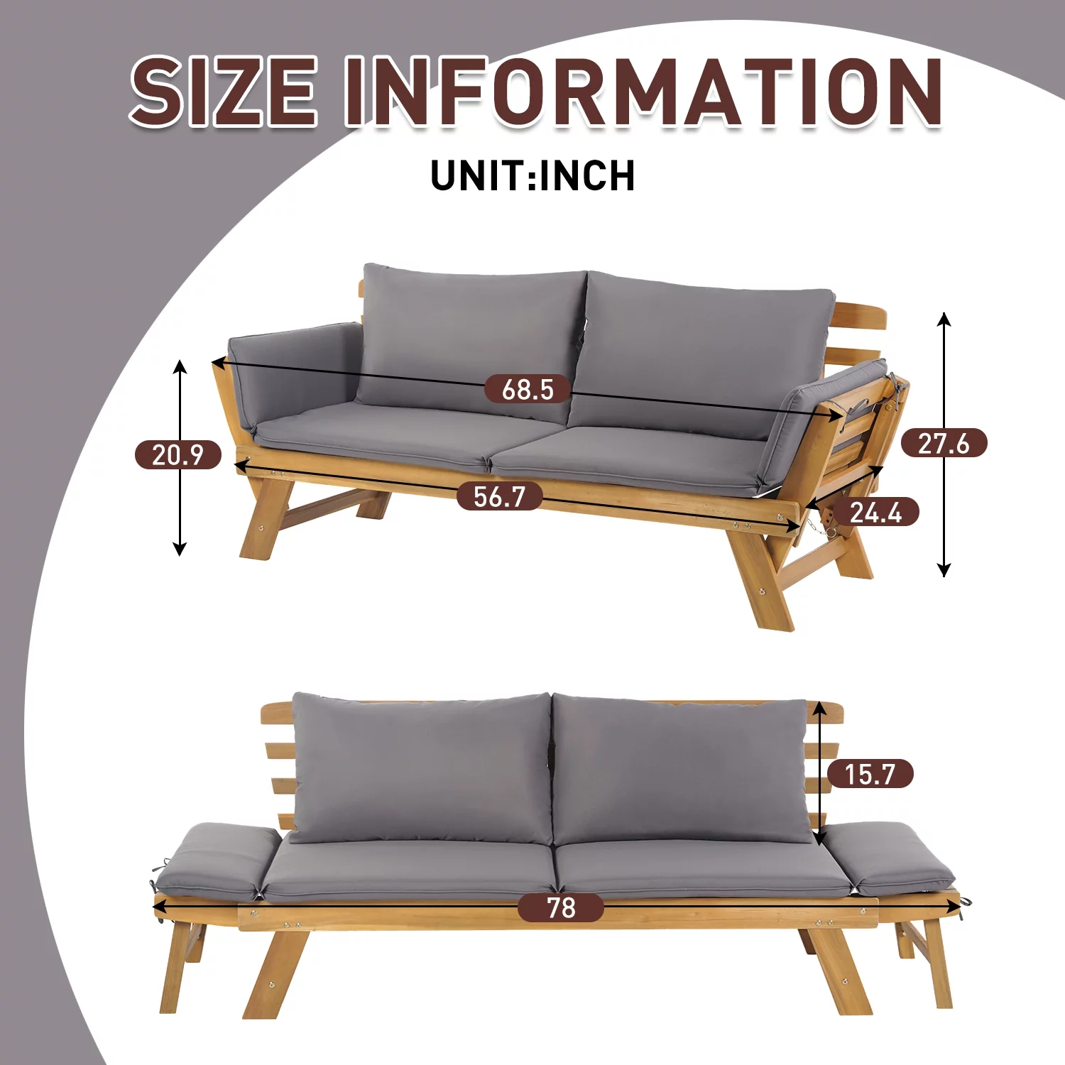 FDW Outdoor Couch Patio Couch Daybed with Adjustable Armrest, Wooden Loveseat with Cushion and Pillow, and Expandable Plate （Gray）