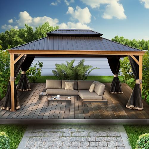 Kozyard Apollo 10’x12’ Hardtop Gazebo, Wooden Coated Aluminum Frame Canopy with Galvanized Steel Double Roof