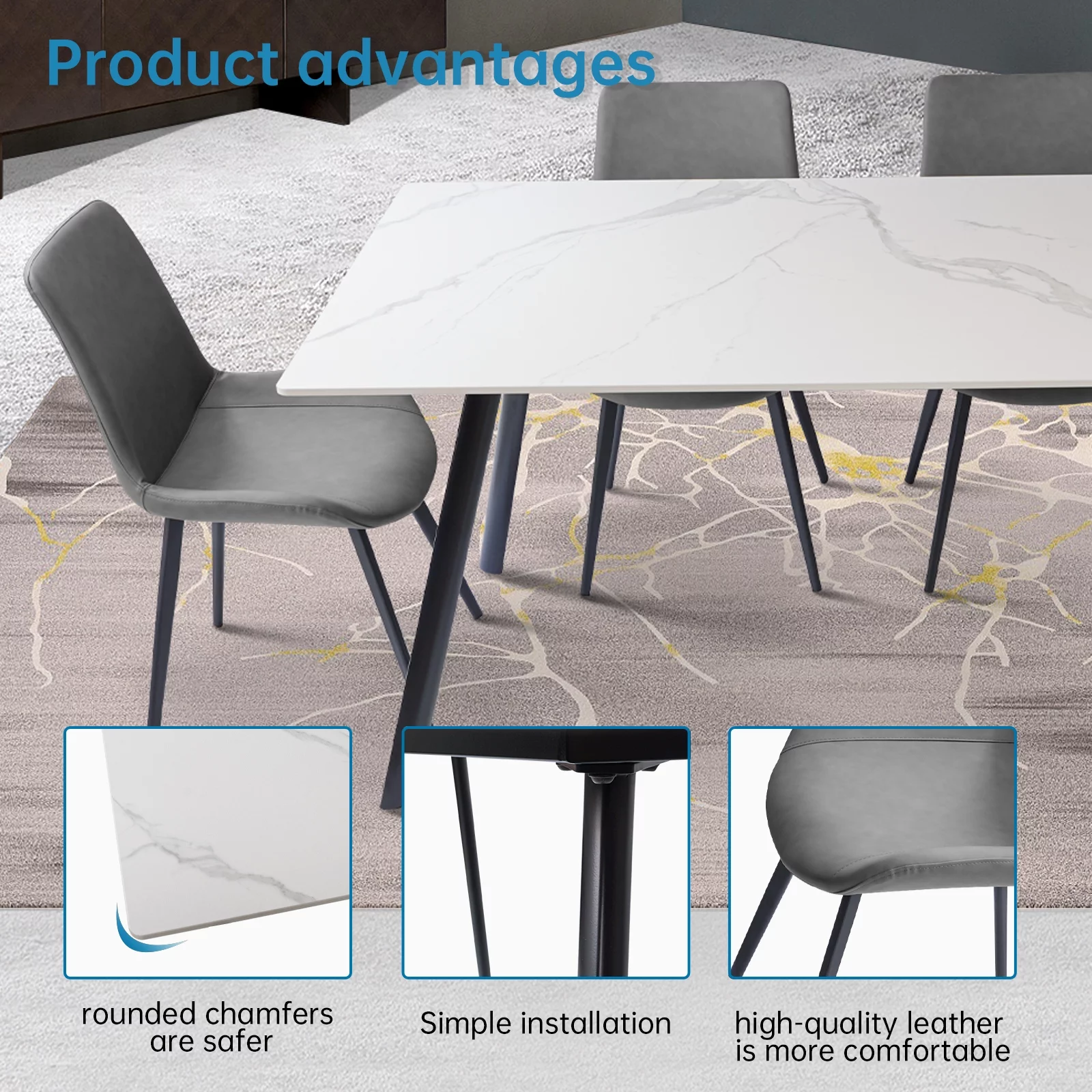 7 Piece Dining Table Sets,Stable Sintered Stone & Leather Modern Dining Chairs Set of 6(1Table with 6 GreyChairs)