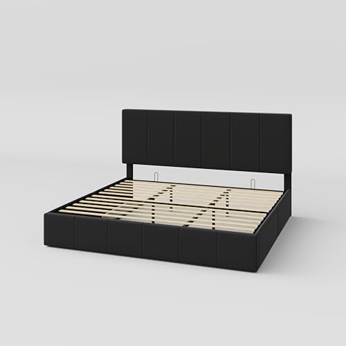 Allewie Queen Size Velvet Lift Up Storage Bed Frame, Vertical Channel Tufted Headboard, Hydrualic Underneath Storage, Upholstered Platform Bed
