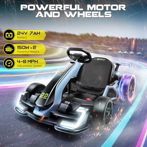 Hikole Go Kart Electric Drift Kart Car, 24V Crazy Go Cart for Kids with Adjustable Seat, 3 Speed Mode, Fast 300W Motor, 8.5 MPH
