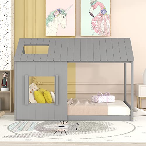 Harper & Bright Designs Twin Size Kids House Bed, Montessori Floor Bed Twin with Roof and Window