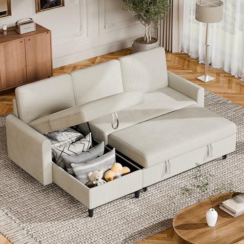 Vongrasig Convertible Sleeper Sofa, Pull Out Couch with Storage, 77" L-Shaped Sofa Bed with Storage Chaise Corduroy Fabric for Living Room, Apartment