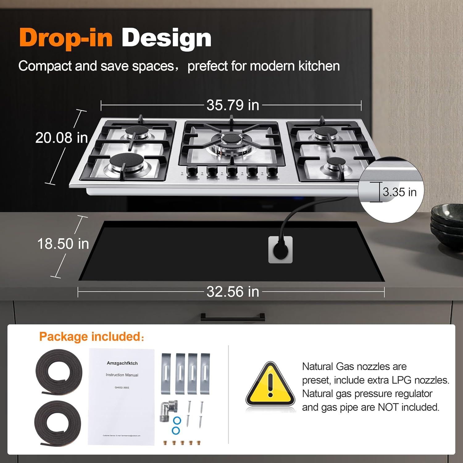 Gas Cooktop 36 Inch, 5 Burner Gas Stove Top, Built in Stainless Steel 36 Inch Gas Hob with Thermocouple Protection, LPG/NG Convertible Propane Cooktop