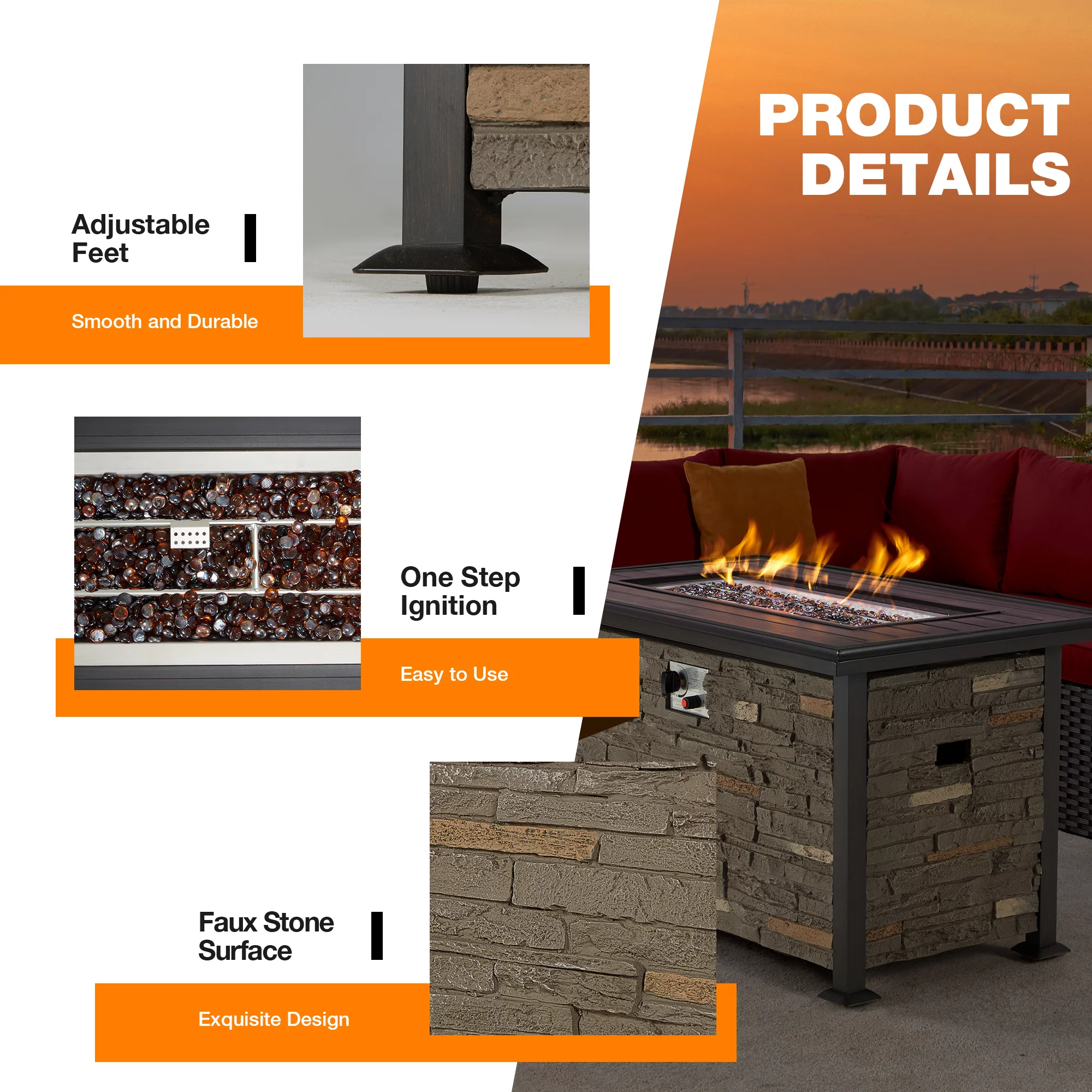 Homrest 44 Inch Aluminum Propane Fire Pit Table w/ Faux Ledgestone, Hand-Painted Table Top, 50,000 BTU Fire Table w/ CSA Certification,Wind Guard