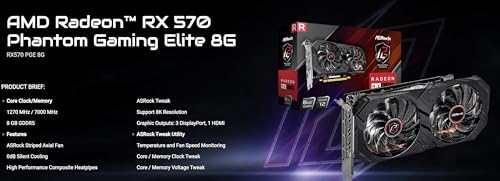 ASRock AMD Radeon RX 570 Phantom Gaming Elite 8GB GDDR5 GPU, 1270 MHz / 7000 MHz, Striped Axial Fan, Silent Cooling