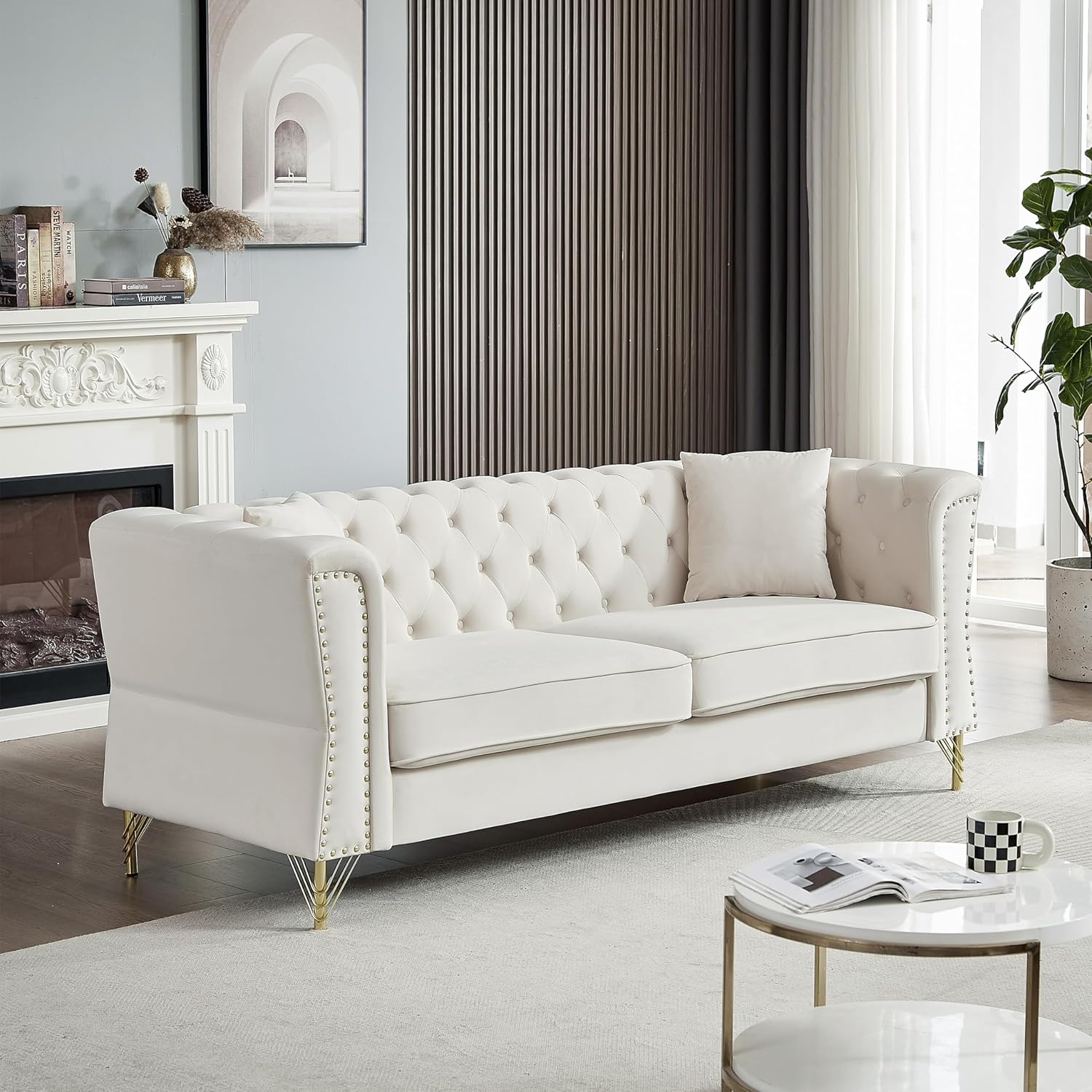 81.8" Chesterfield Sofa Grey Velvet for Living Room, 3 Seater Sofa Tufted Couch with metal foot and Nailhead for Living Room, Bedroom, Office