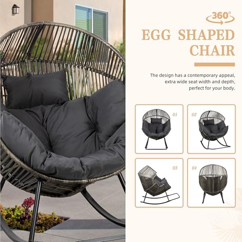 Vongrasig Outdoor Wicker Egg Chair PE Rattan Chair with Cushion, Oversized Patio Lounge Chair for Outdoor, Indoor, Balcony, Backyard, Garden, Black