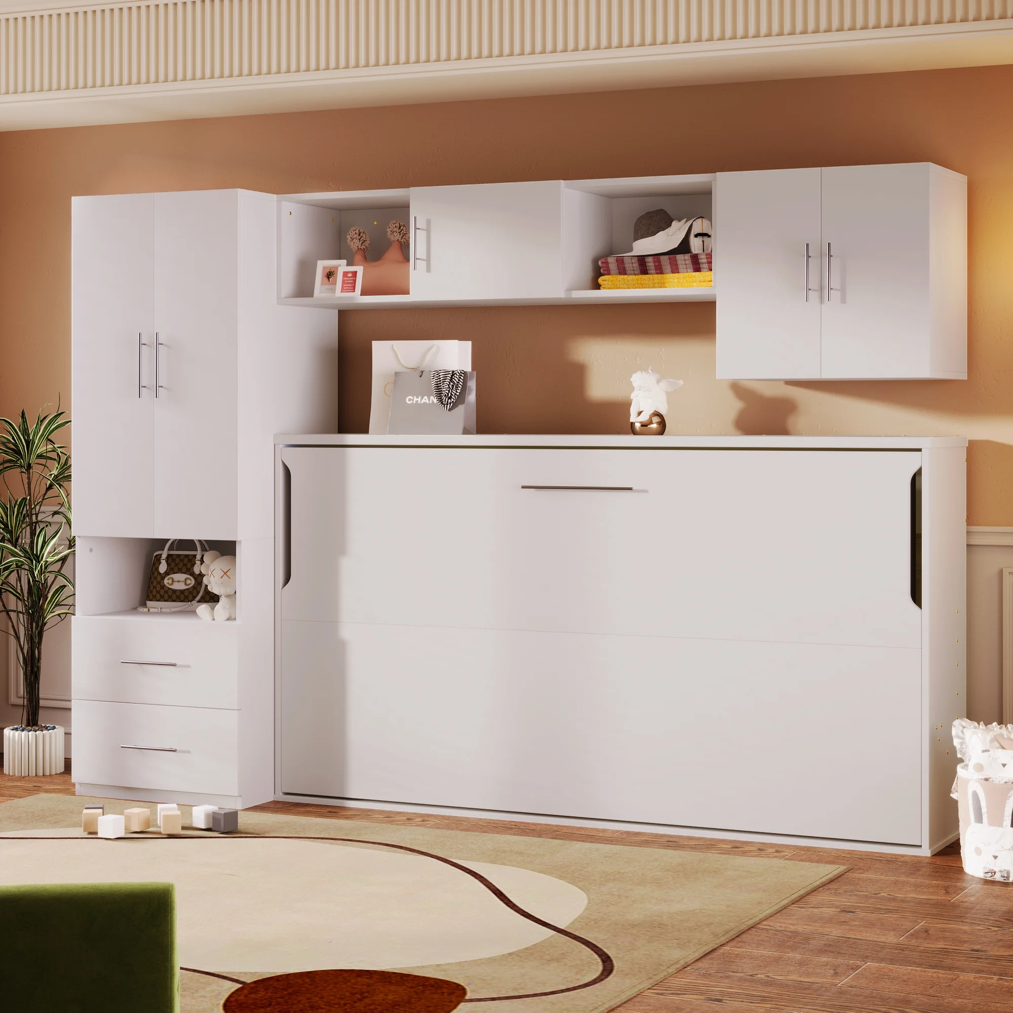 CoSoTower Twin Size Murphy Bed with Open Shelves and Storage Drawers,Built-In Wardrobe and Table, White