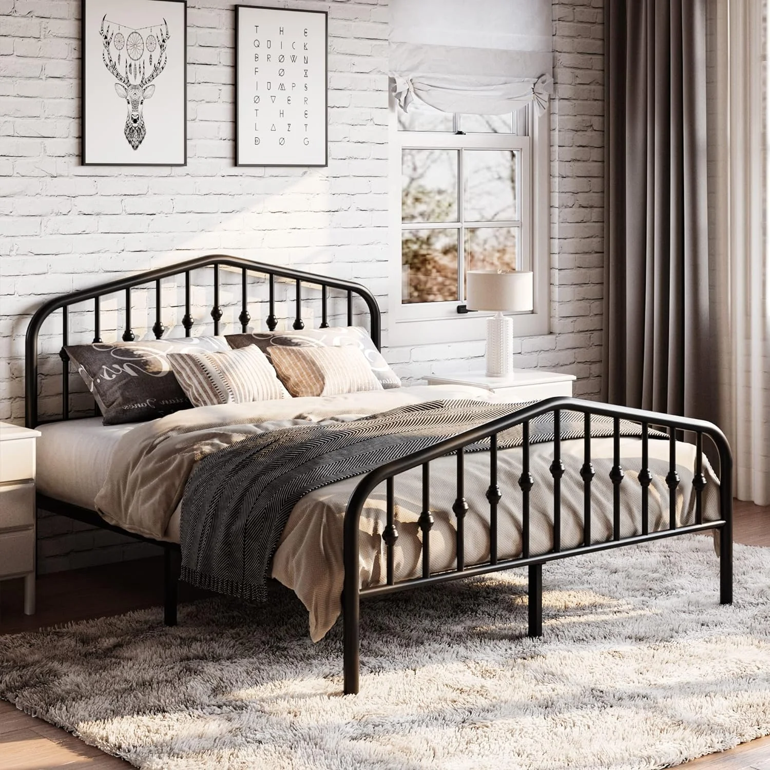 YINCHEN Queen Size Metal Platform Bed Frame with Victorian Style Wrought Iron-Art Headboard/Footboard, No Box Spring Required, Black