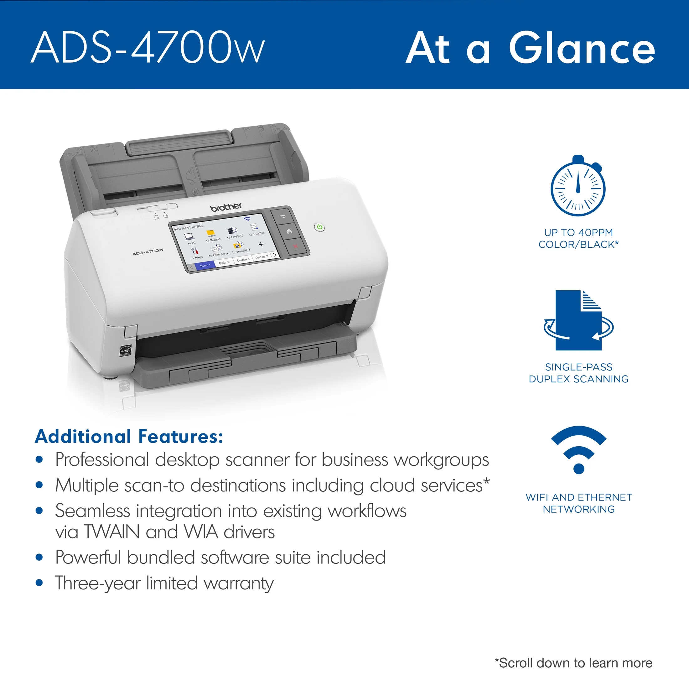 Brother ADS4700W Professional Desktop Document Scanner for Business Workgroups