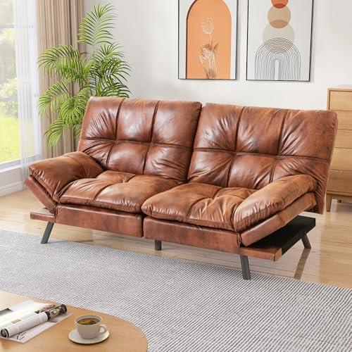 Faux Leather Futon Sofa Bed,Convertible Futon Couch,Memory Foam Loveseat Sleeper Sofa,Small Splitback Modern Folding Couch for Living Room,Office
