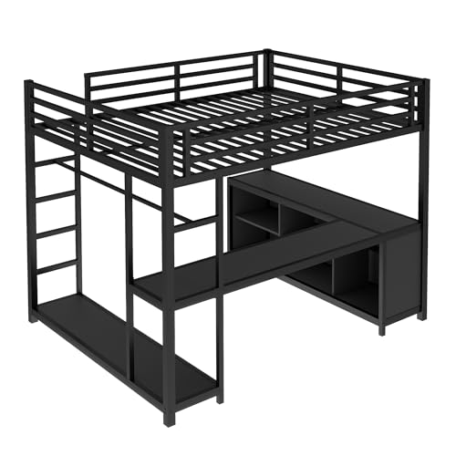 Bellemave Queen Size loft Bed with L Desk, Wardrobe, Metal Queen Loft Bed Frame for Adults, Kids, Teens, Black