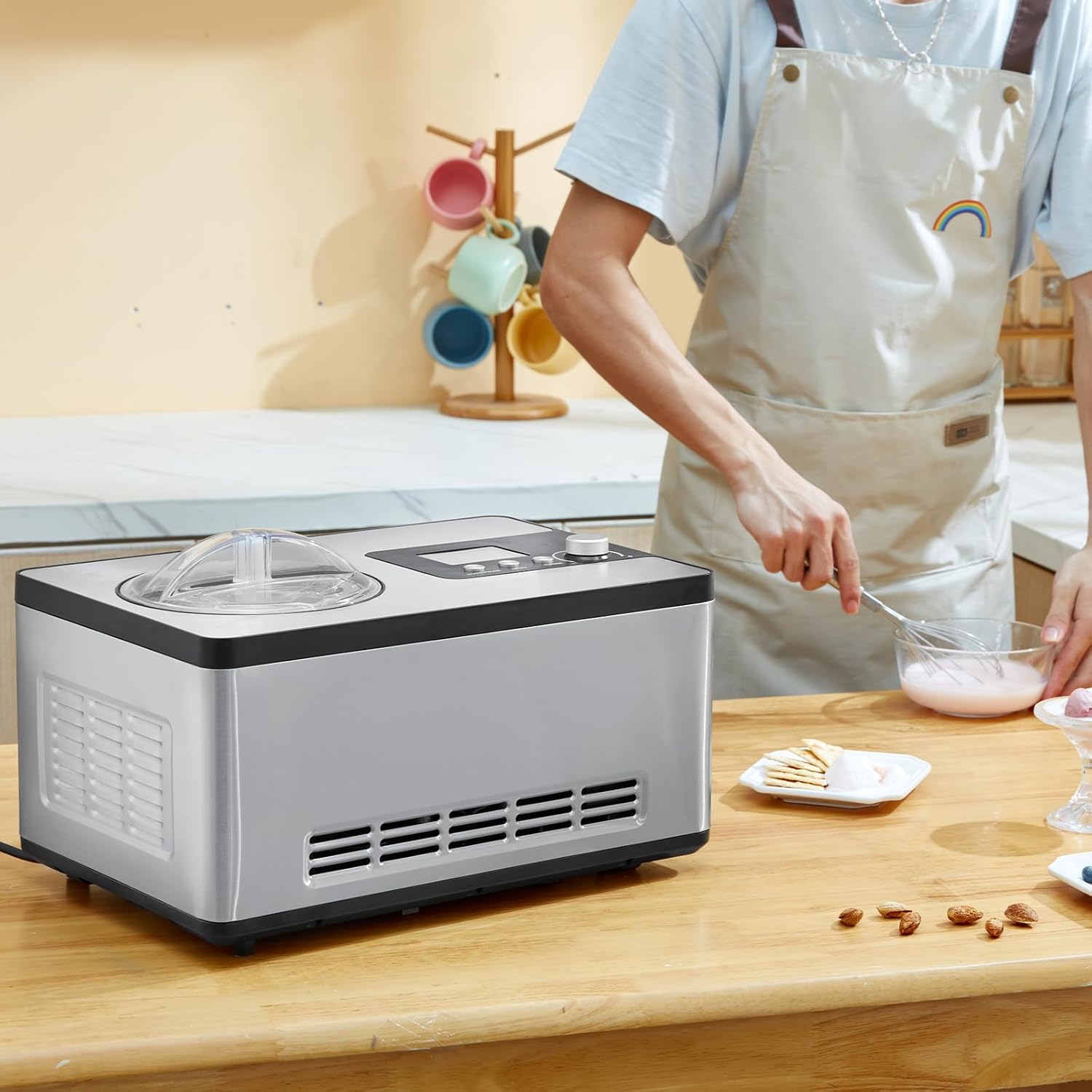 VEVOR Automatic Ice Cream Maker with Built-in Compressor, 2 Quart No Pre-freezing Fruit Yogurt Machine, Stainless Steel Electric Sorbet Maker