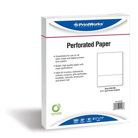 Printworks Professional 8.5 x 11 White Paper 20lb 1 Horizontal Perf 3.5 inch from Bottom 2500/Carton (04128)