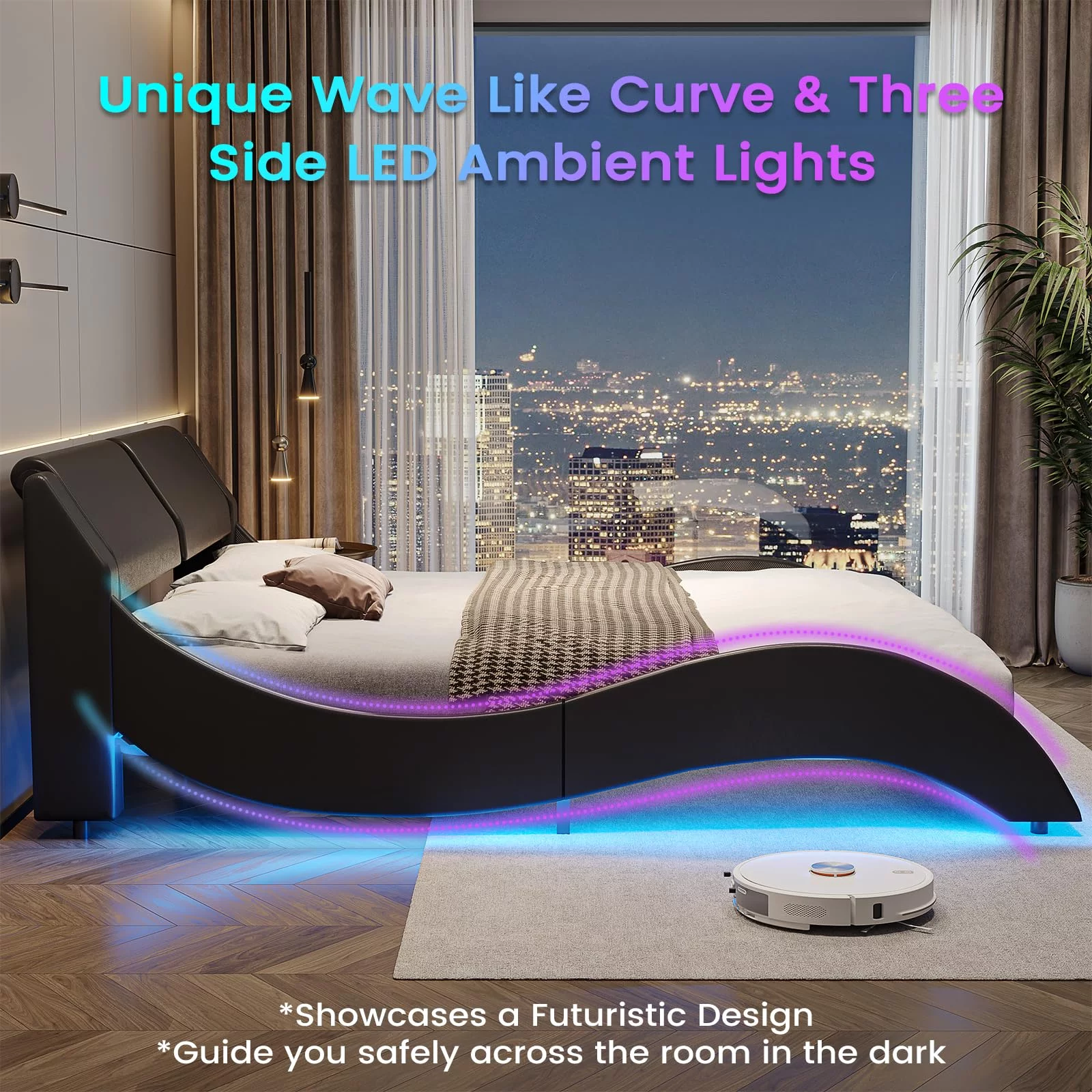 King Size Bed Frame with Headboard,Faux Leather Low Profile Platform Bed Frame with RGB LED Lights,Wave Like Curve King Bed,Black
