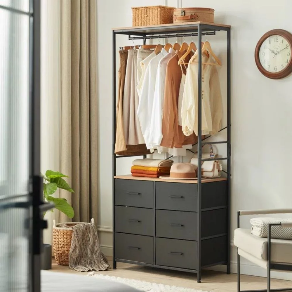 FRAPOW Freestanding Clothing Racks, Wardrobe Cabinet with Hanging Rod and 6 Drawer, Wardrobe Armoire for Bedroom, Wooden Roof