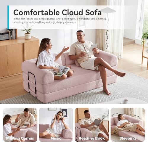 Convertible Sleeper Sofa Bed with Cylindrical Pillow, Comfy Foldable Sofa Bed Compressed Sofa in Box