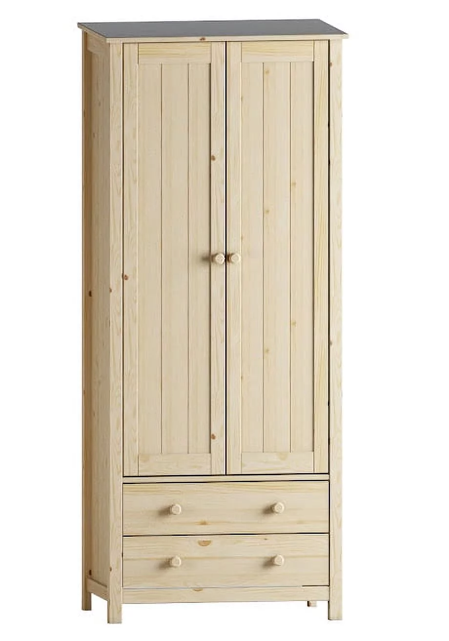 From the Tree Furniture Solid Unfinished Wood Freestanding Wardrobe Closet for Hanging Clothes with 2 Doors and 2 Drawers Cabinet for Bedroom Closet