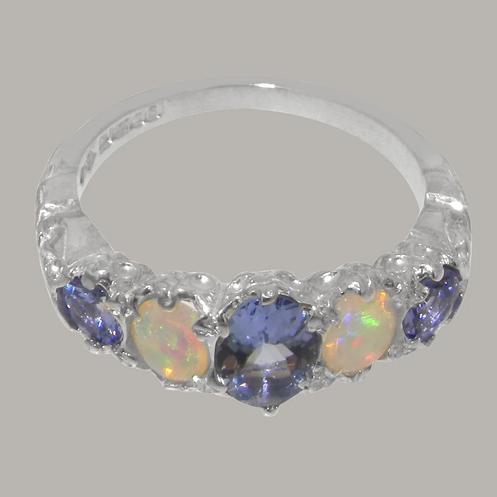 LBG British Made 14k White Gold Natural Tanzanite & Opal Womens Band Ring - 33 size options - Size 10