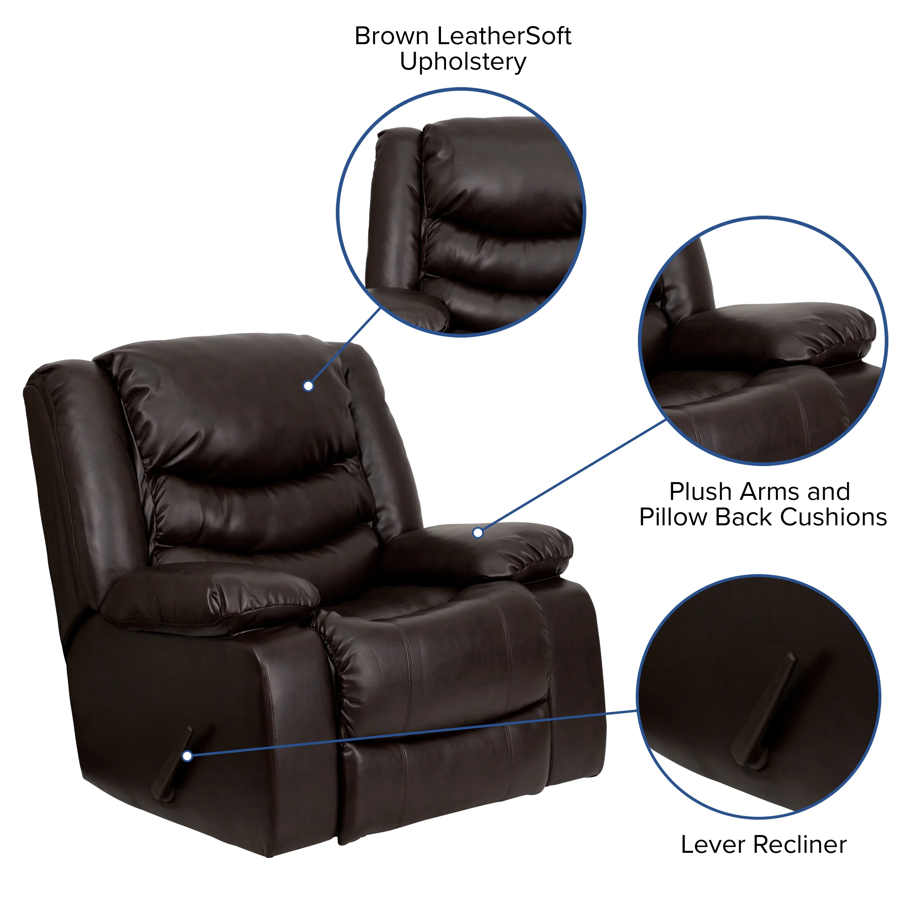 Flash Furniture Kyle Plush Brown LeatherSoft Lever Rocker Recliner with Padded Arms
