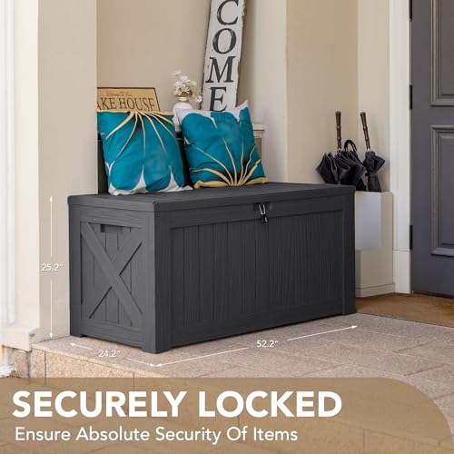 Devoko 120 Gallon Deck Box Resin Outdoor Storage Box Waterproof for Patio, Large Outdoor Storage Bench Lockable for Outside (Black)